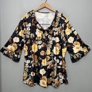 Easy Care Ruffled Stretch Top Plus Size 3XL Black Floral Travel Country Romantic